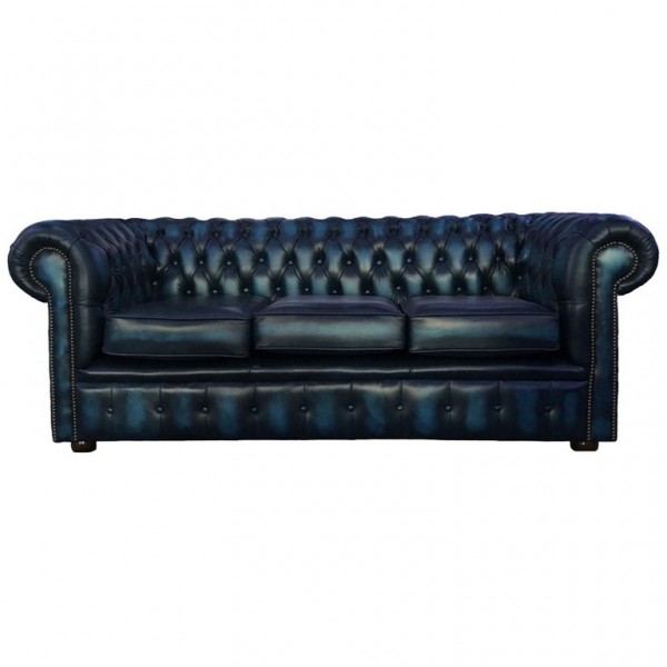 Chesterfield Antique Blue Genuine Leather Three Seater Sofa